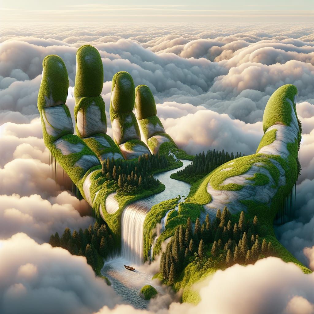Surreal Marble Hand Emerges from Cloudscape