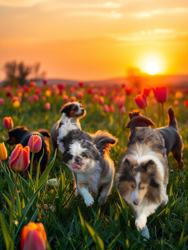 Tulip Meadow Sunset with Dogs: Dreamy Digital Painting