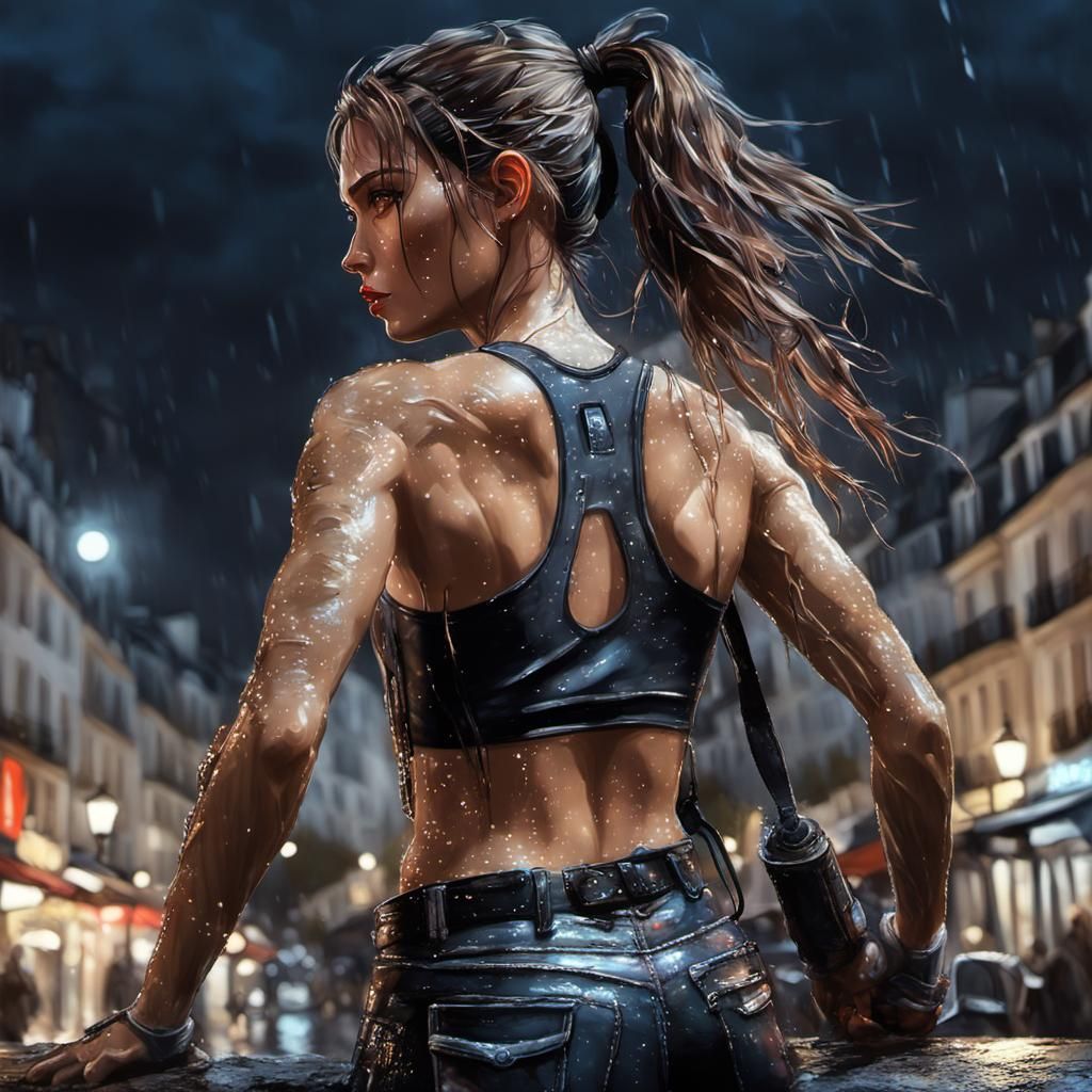 Lara Croft in Rainy Paris, Sorayama Style
