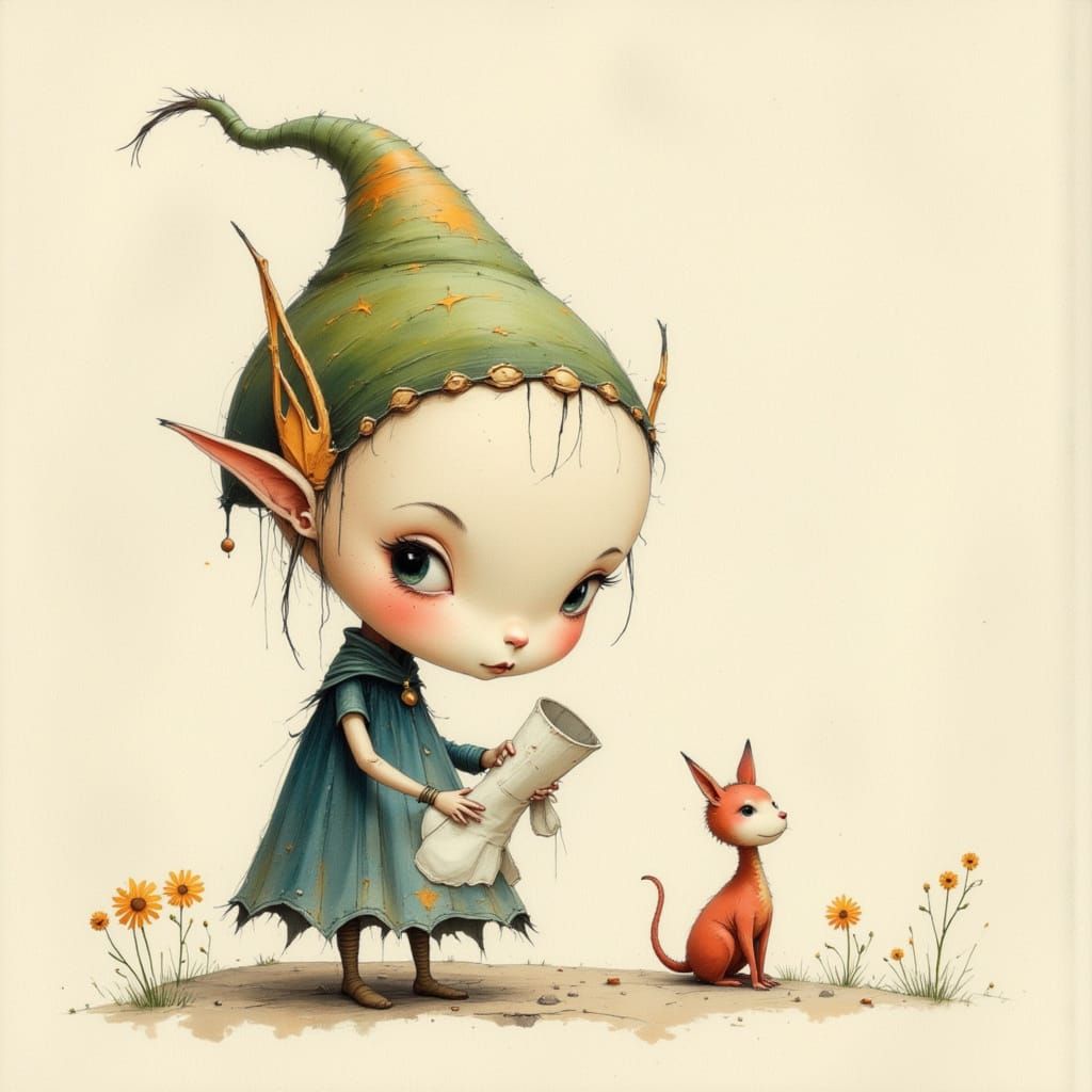 House Elf with Sock in Watercolor and Pencil Style