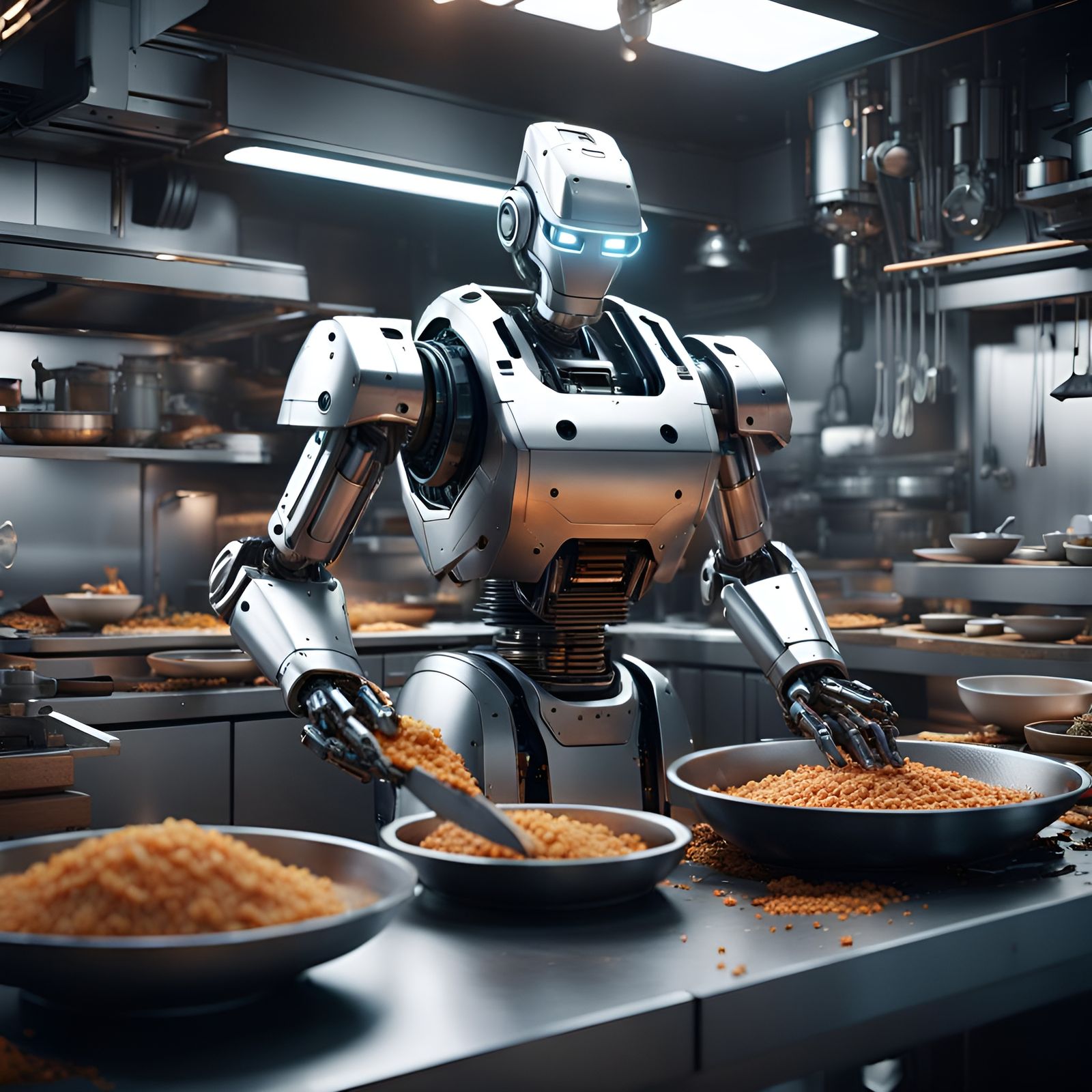 Futuristic Robot Chef in Crowded Kitchen, Sci-Fi Render