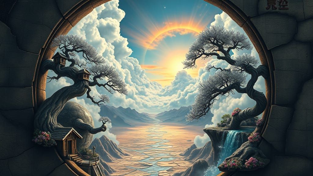 Surreal Stargate Scene with Bonsai Trees and Whimsical Lands...