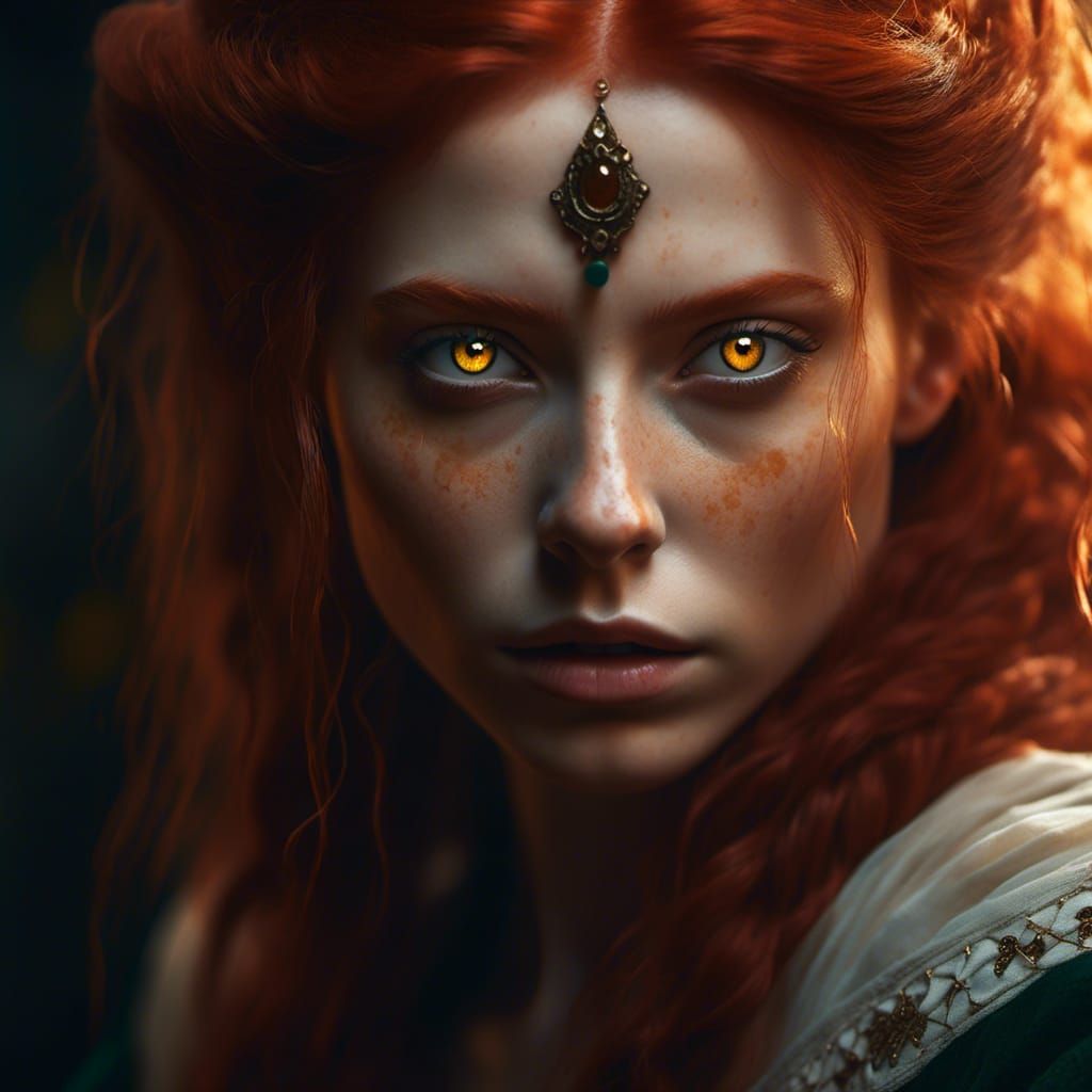 Red-Haired Woman with Yellow Eyes: Photorealistic Portrait