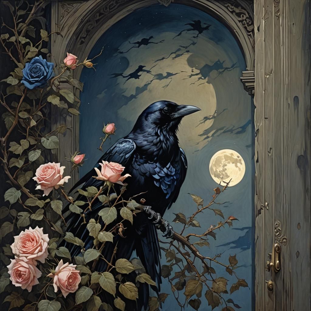 Raven and Rose in Moonless Night: Chiaroscuro Painting