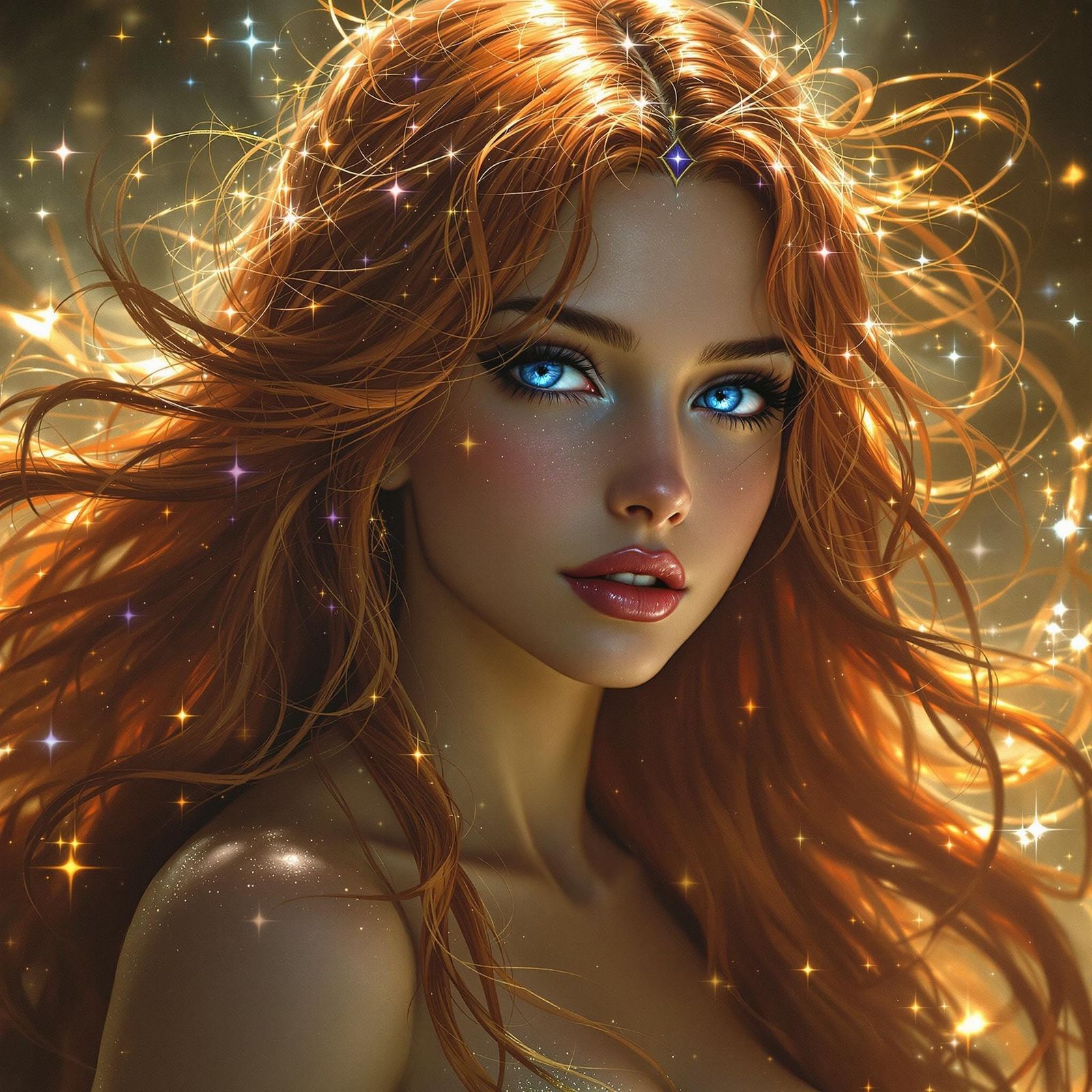 Copper-Haired Goddess with Blue Eyes in Mythological Scene