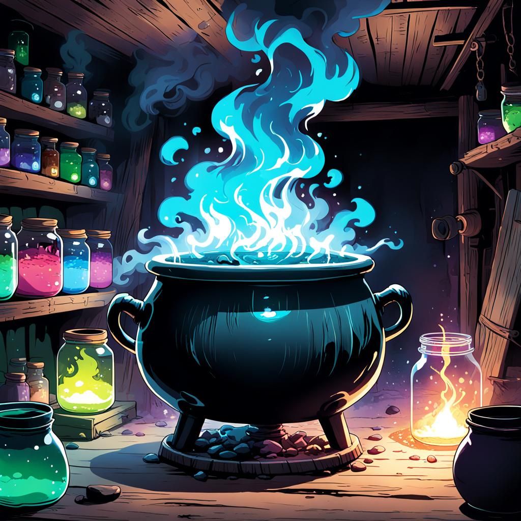 Cartoon Witch Shack with Glowing Monster in Anime Style