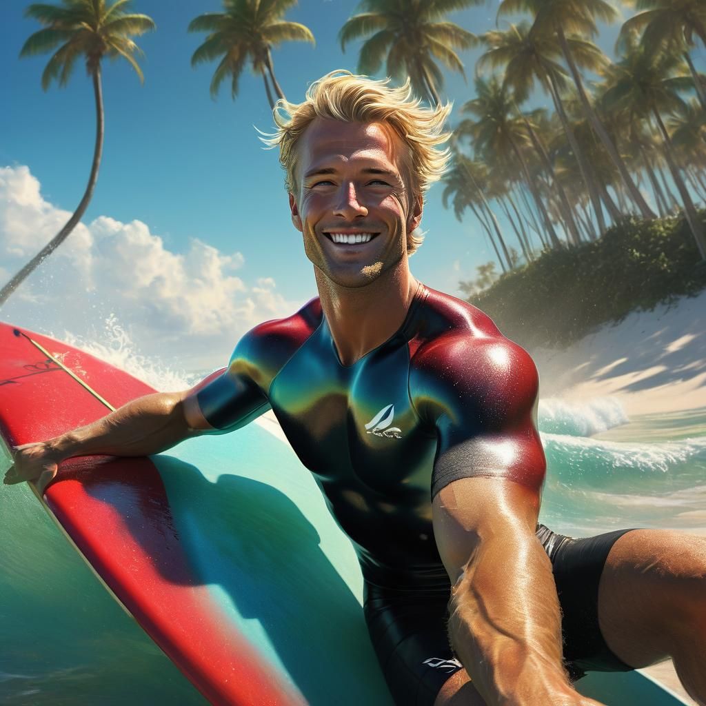 Surfer at Pensacola Beach in Art Nouveau Style