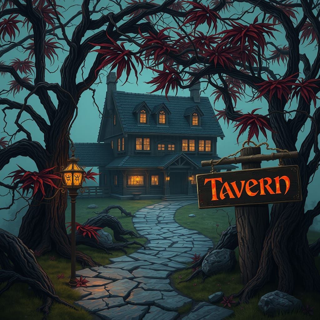 Dark Fantasy Tavern in a Grand, Eerie Front Yard, Isometric ...