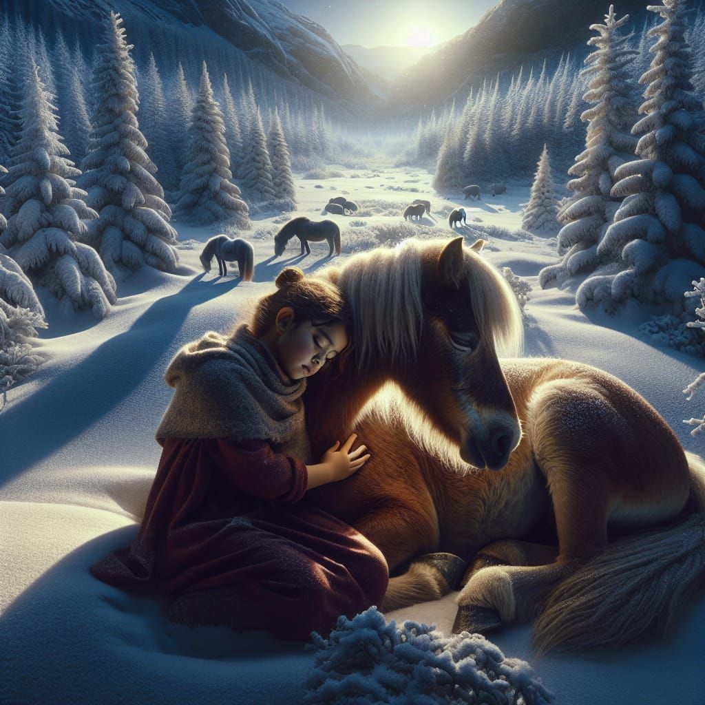 Girl and Pony Snuggle in Winter Wilderness