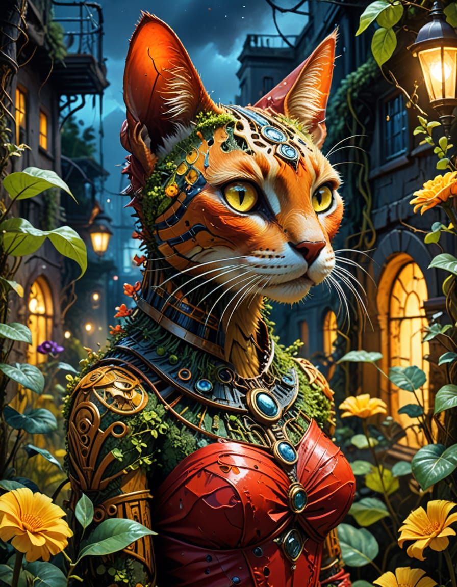 Eerie Overgrown Garden with Steampunk Egyptian Cat