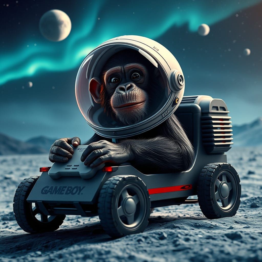 Hyper Realistic Chimpanzee in Moon Rover