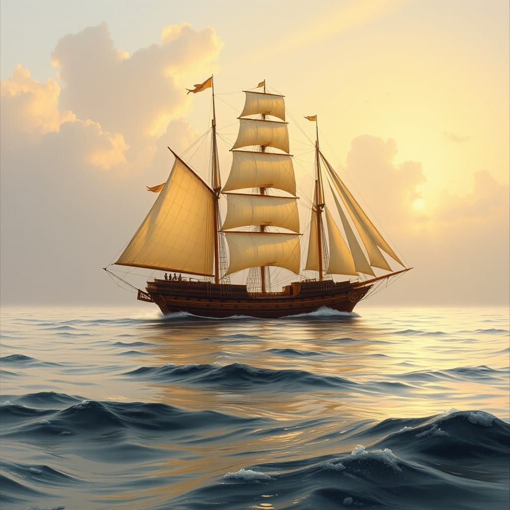 Elegant 19th-Century Clipper Ship in a Calm Sea