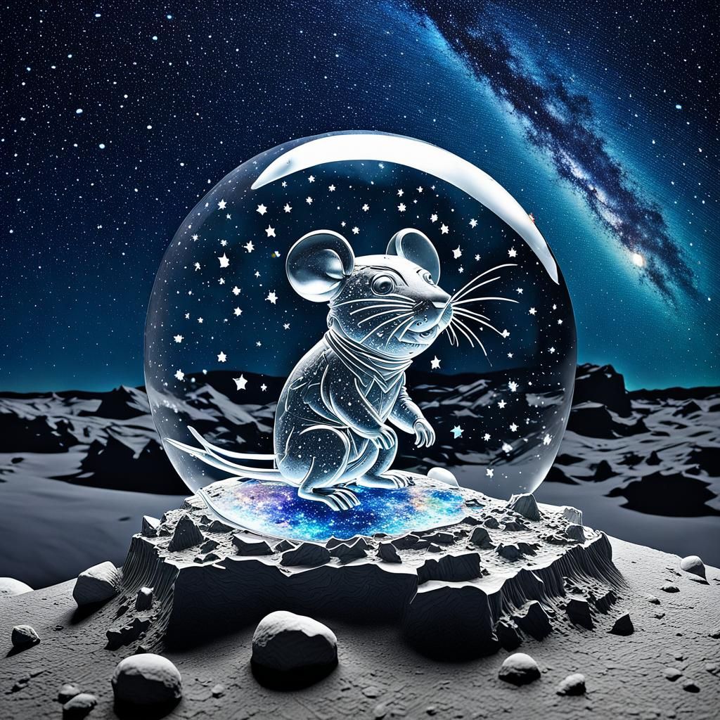 Crystal Mouse Sculpture on Moon with Starry Sky