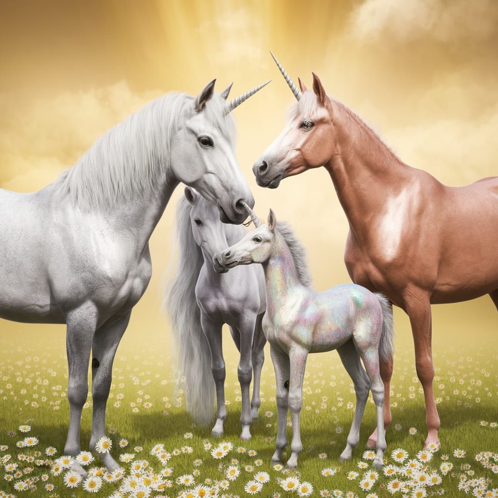 Magical Unicorn Family in Sunlit Meadow