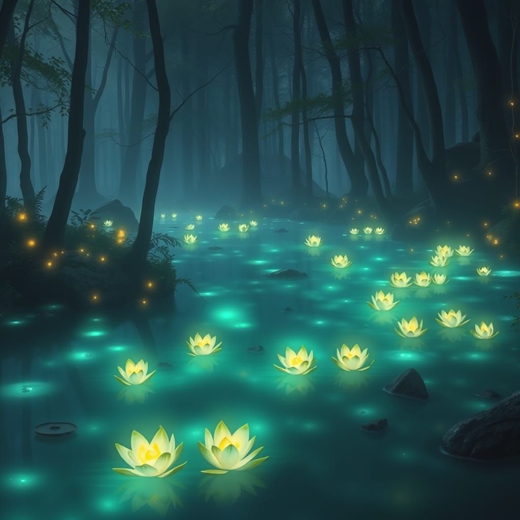 Glowing Forest Lagoon in Whimsical Style