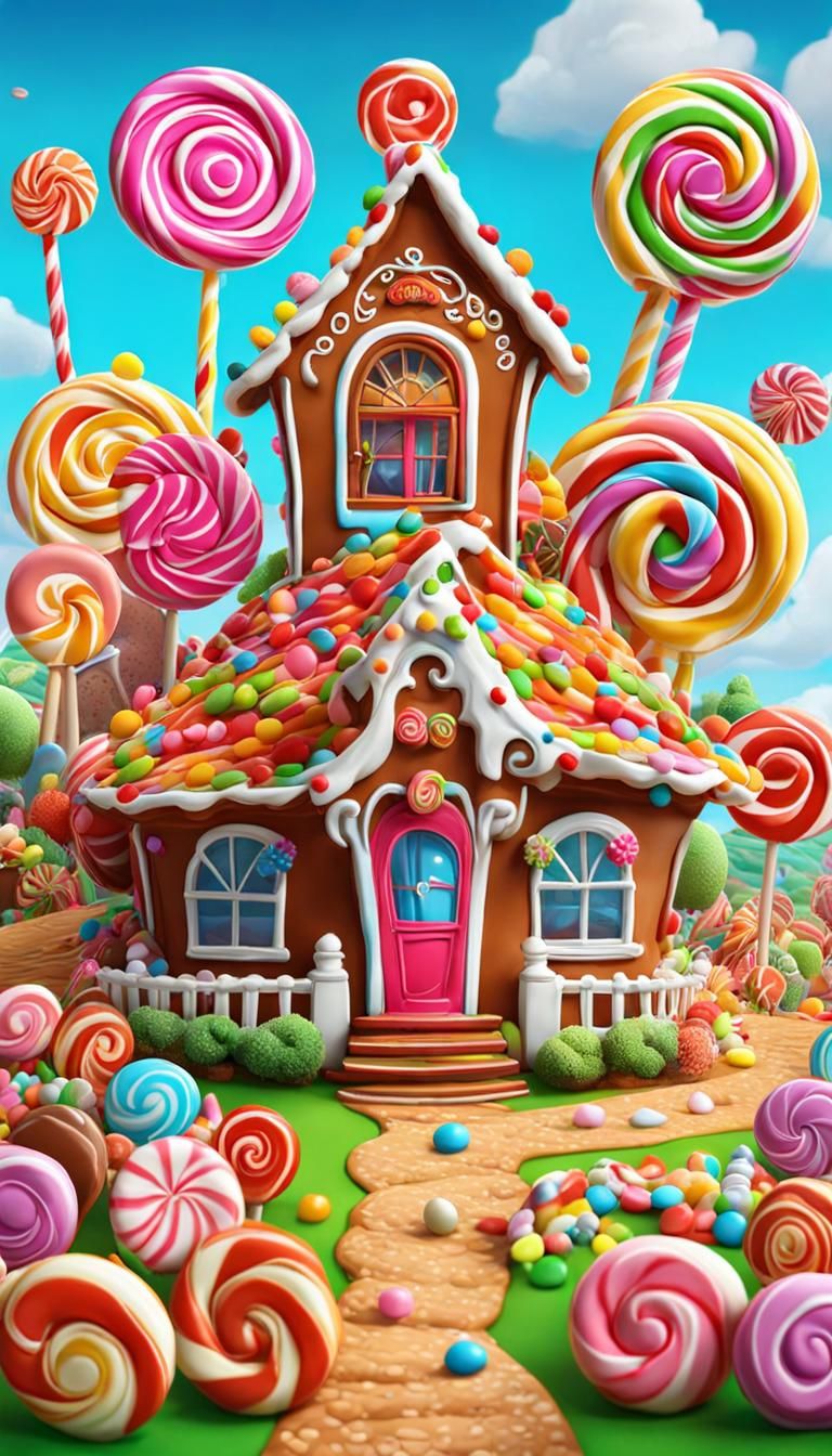 Gingerbread House at Candy Wonderland, Digital Illustration