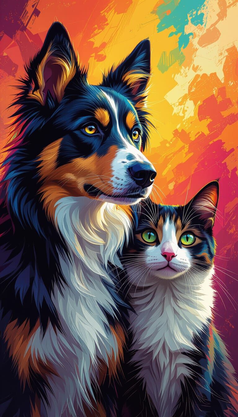 Hyperrealistic Dog and Cat Duo in Dramatic Scene