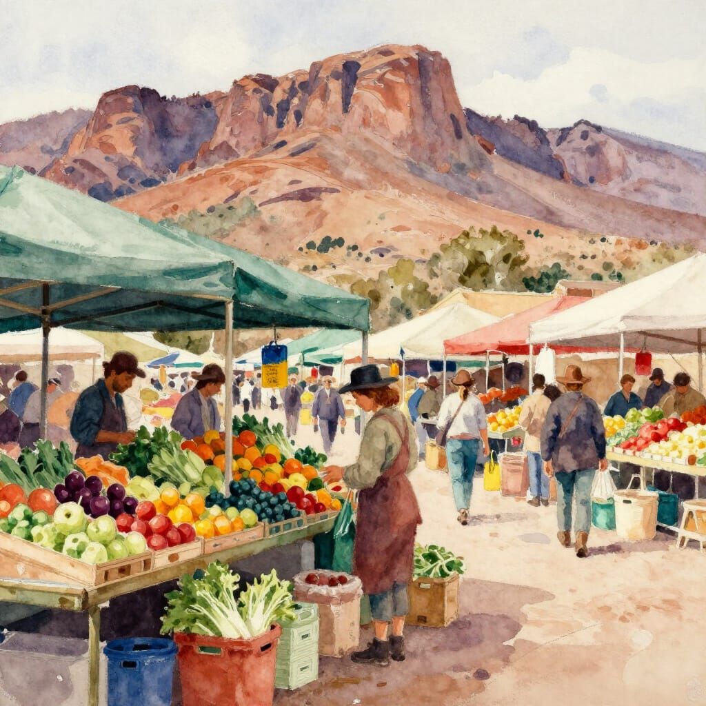 Superstition Mountains Farmers Market Watercolor Scene