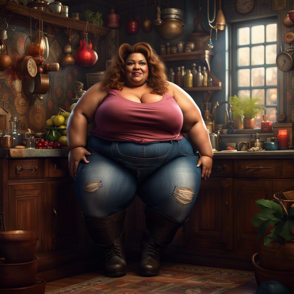 Attractive Plus-Size Woman in Kitchen, Detailed Matte Painti...