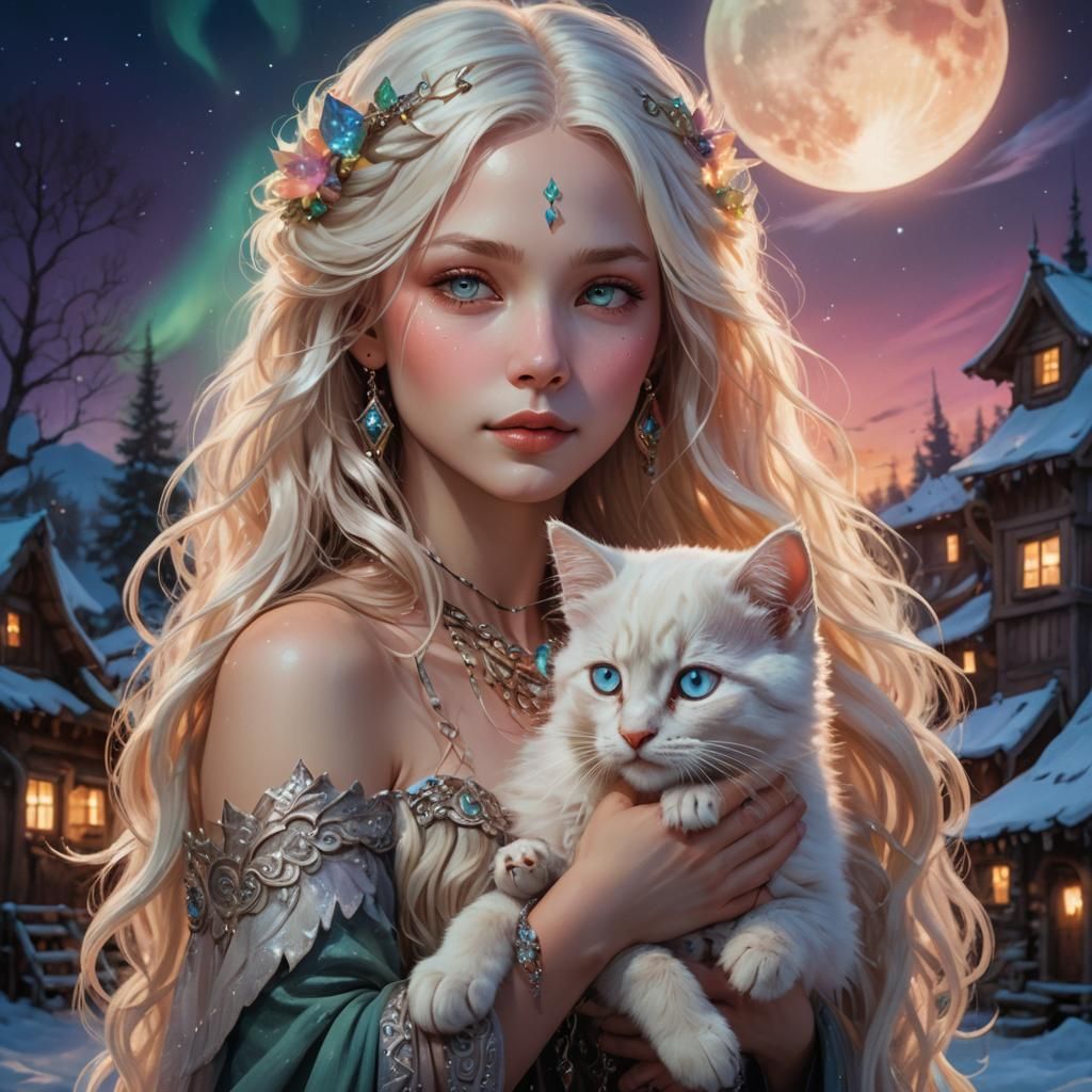 Goddess with Kitten Under Aurora Borealis