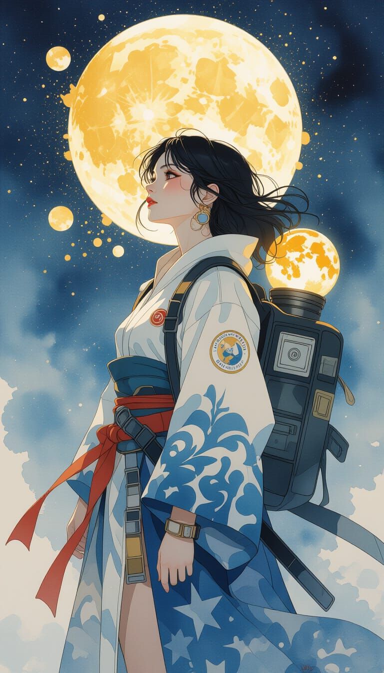 Time Traveler in Space, Watercolor Fantasy Art