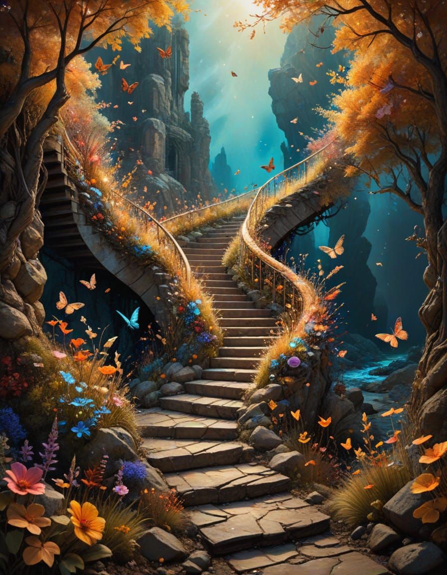 Whimsical Staircase in a Dreamlike Landscape