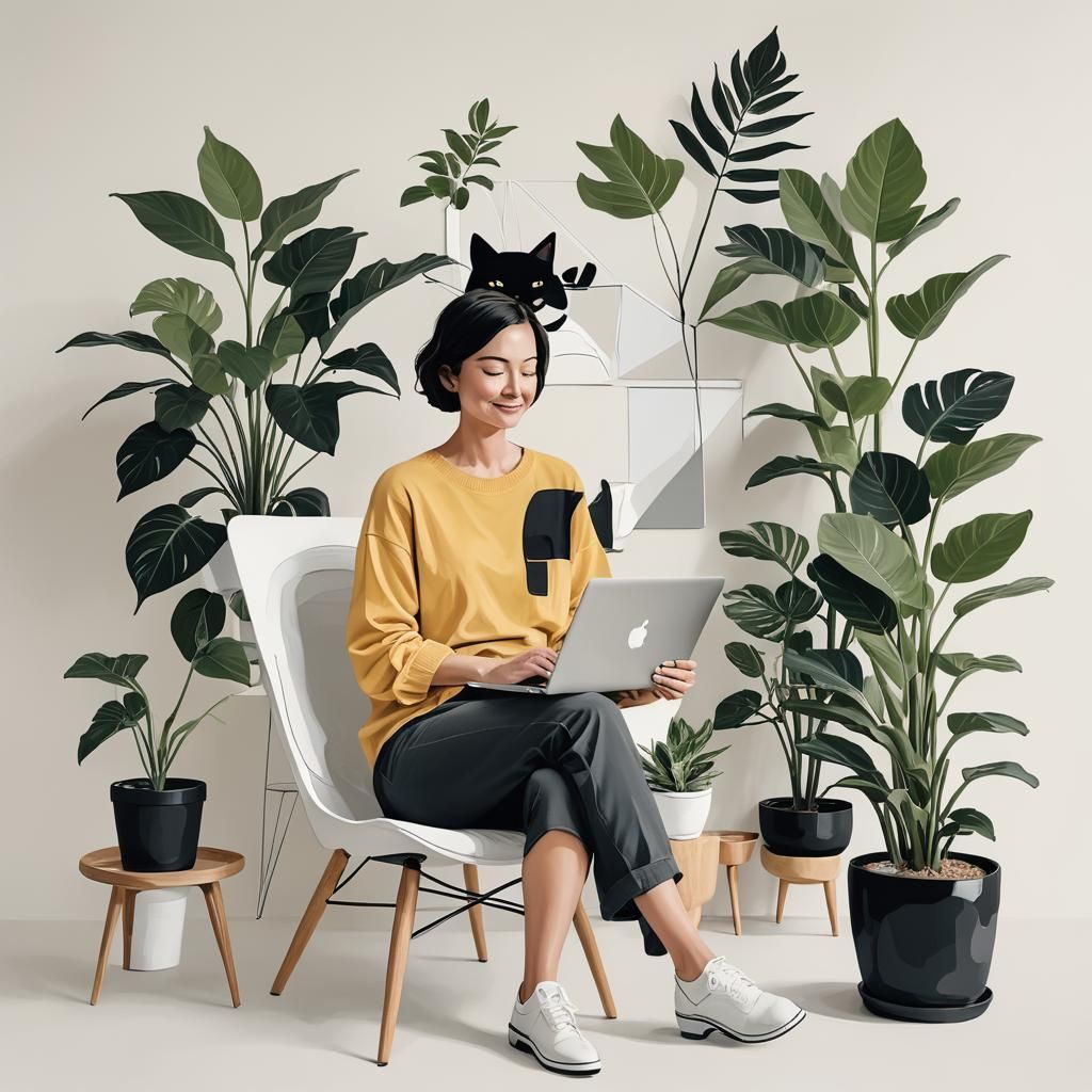Minimalist Portrait of Woman with Laptop and Cat