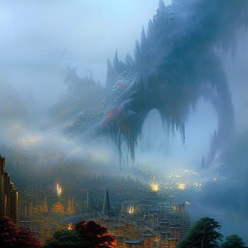 Dragon Soaring Over City in Ethereal Fantasy Style