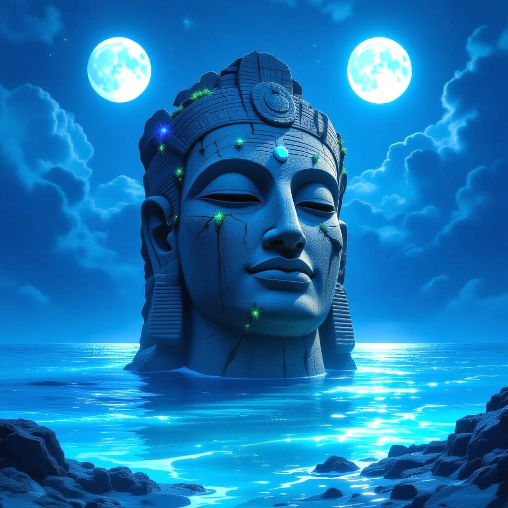Ancient Deity Statue in Alien Ocean Under Twin Moons