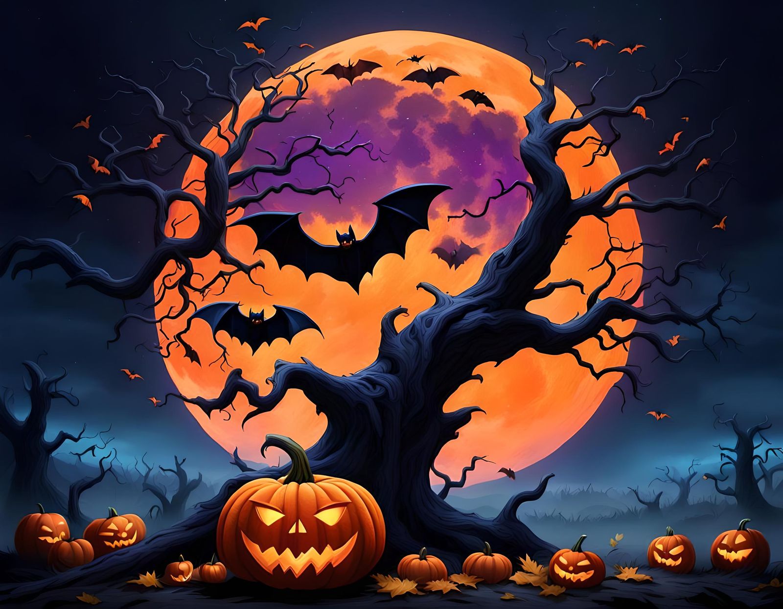 Halloween Night with Pumpkin, Bat, and Moon