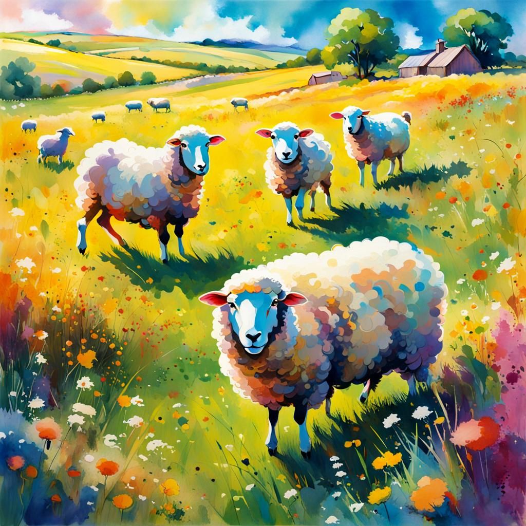 Cute Sheep and Shepardess in Ink Splatter Style