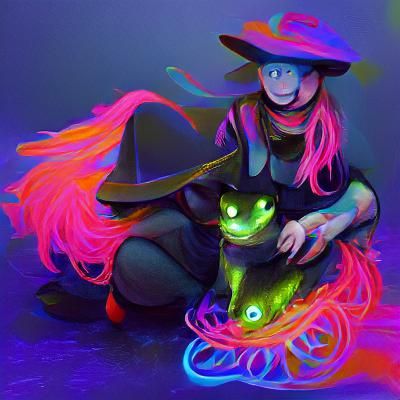 Neon Witch and Familiar in Vibrant Colors