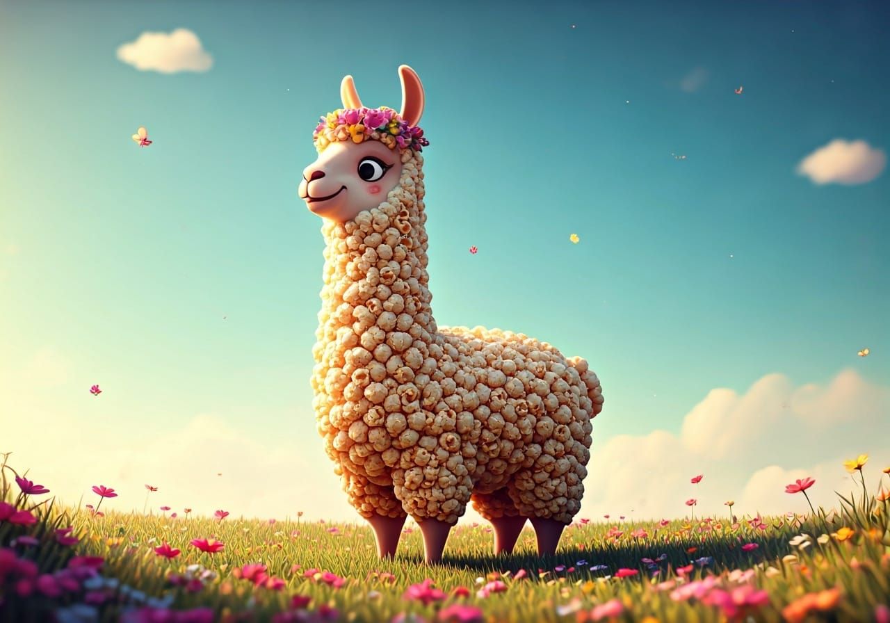 Popcorn Llama in Sunny Meadow: 3D Render