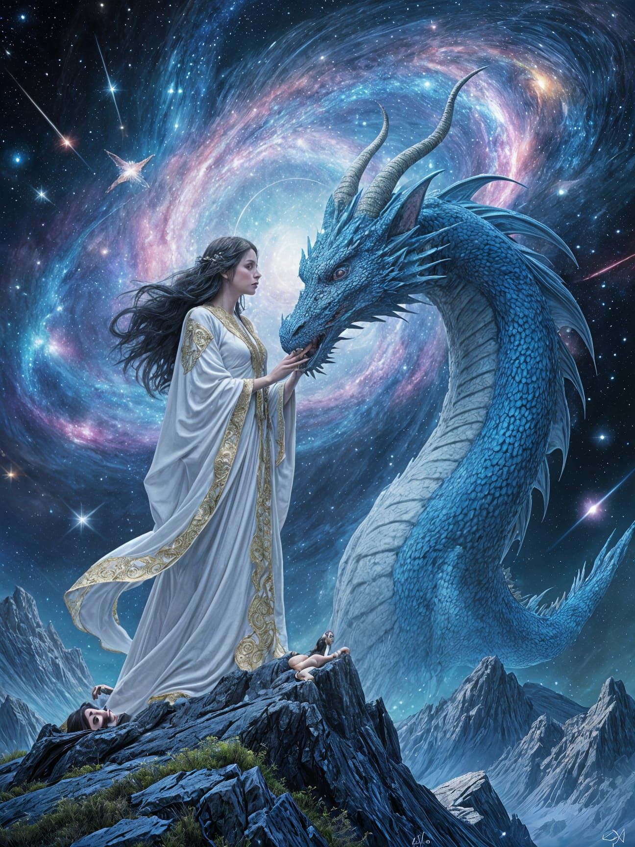 Witch and Blue Dragon Under Cosmic Sky