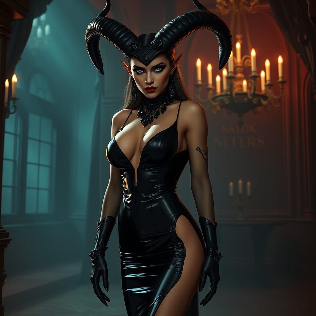 Gothic Vixen Krampus in Latex and Obsidian Horns