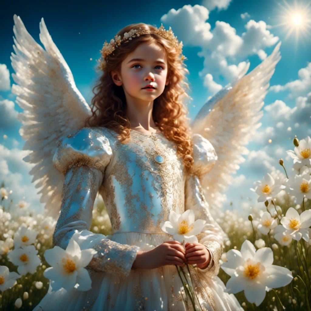 Young Angel in Lily Field with Divine Light