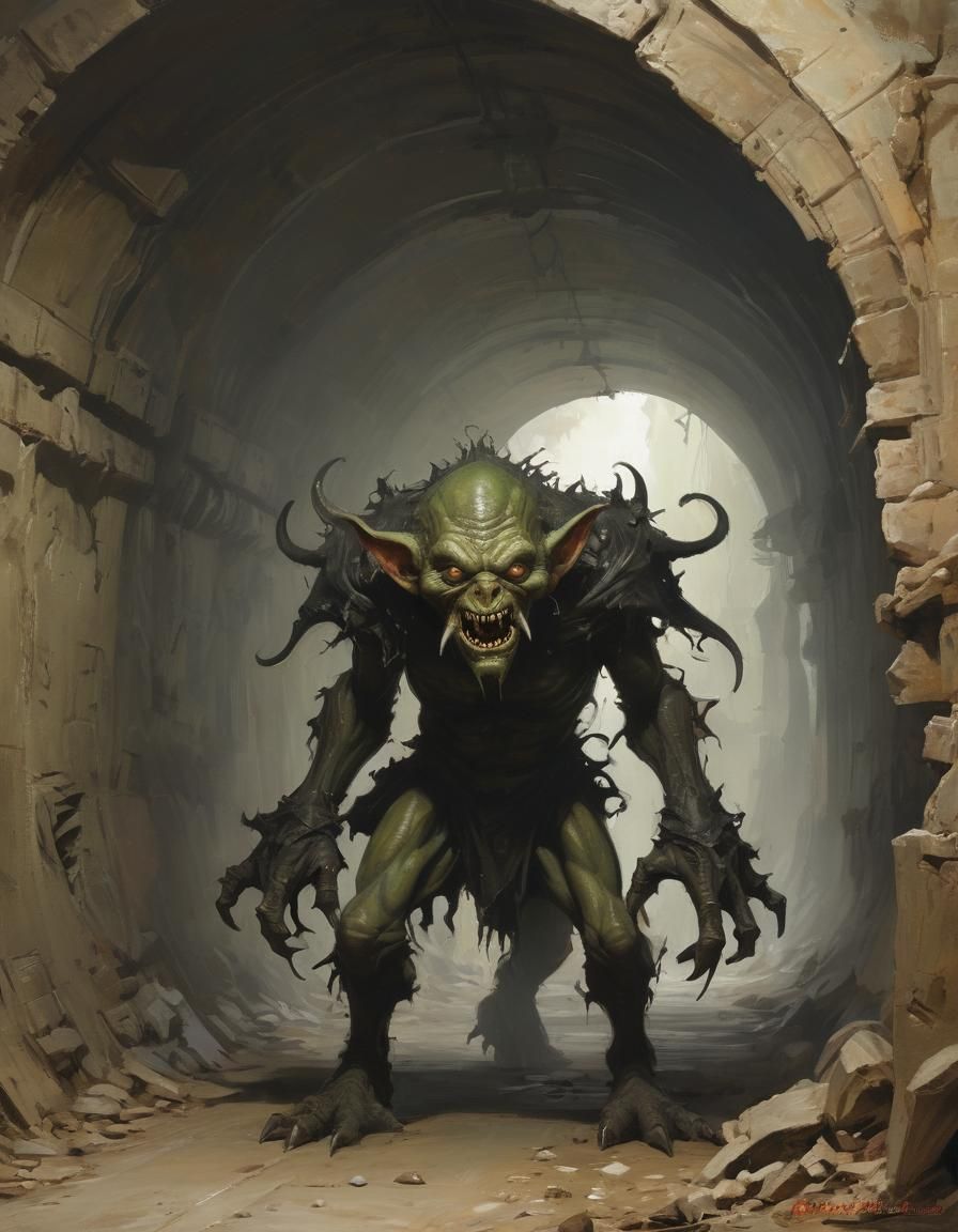 Lovecraftian Goblin in Underground Tunnel