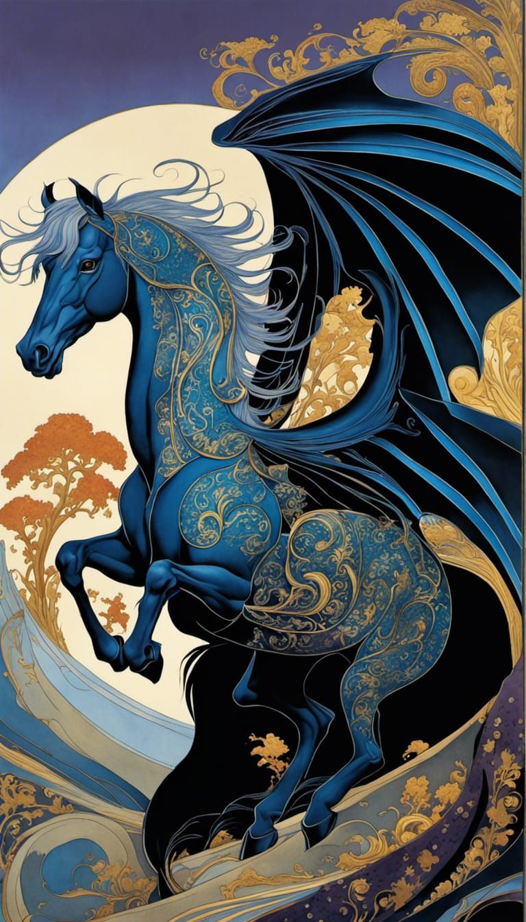 Dragon-Horse Hybrid in Art Nouveau Gouache Style