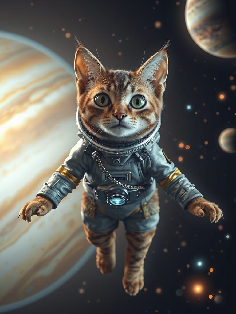Cat in Space Suit near Jupiter, Retro-Futurism