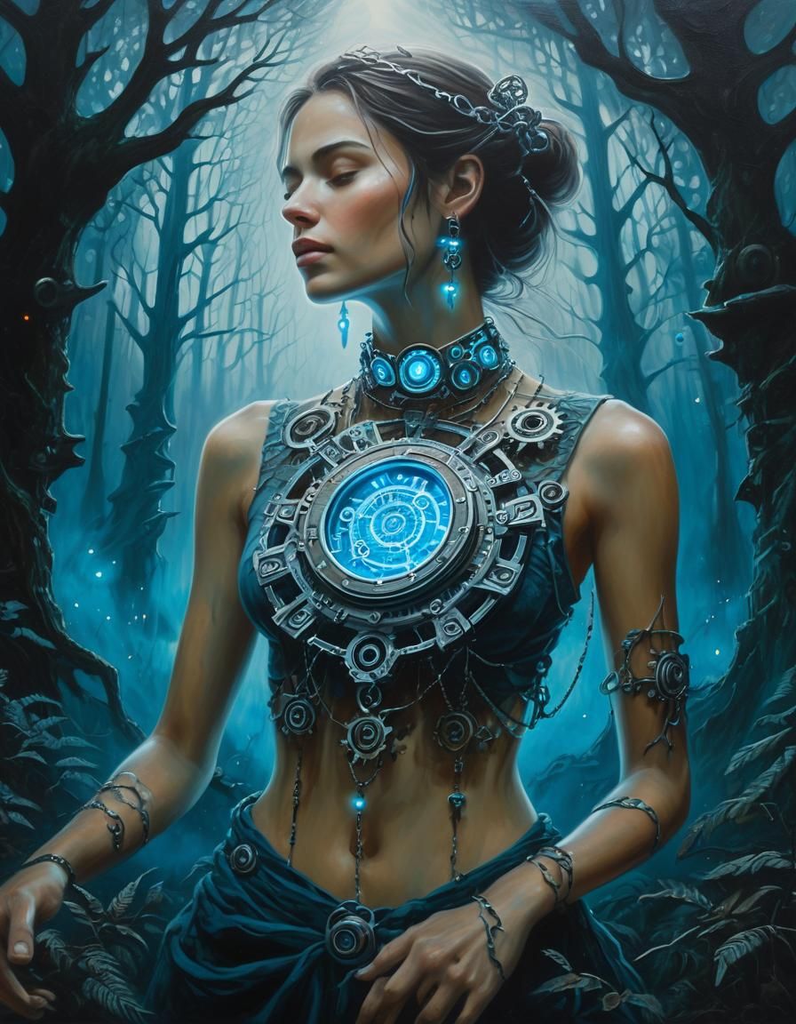 Woman with Mechanical Necklace in Surrealist Oil Painting