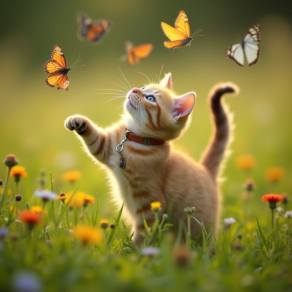Cat Chasing Butterflies in Lush Meadow Photograph