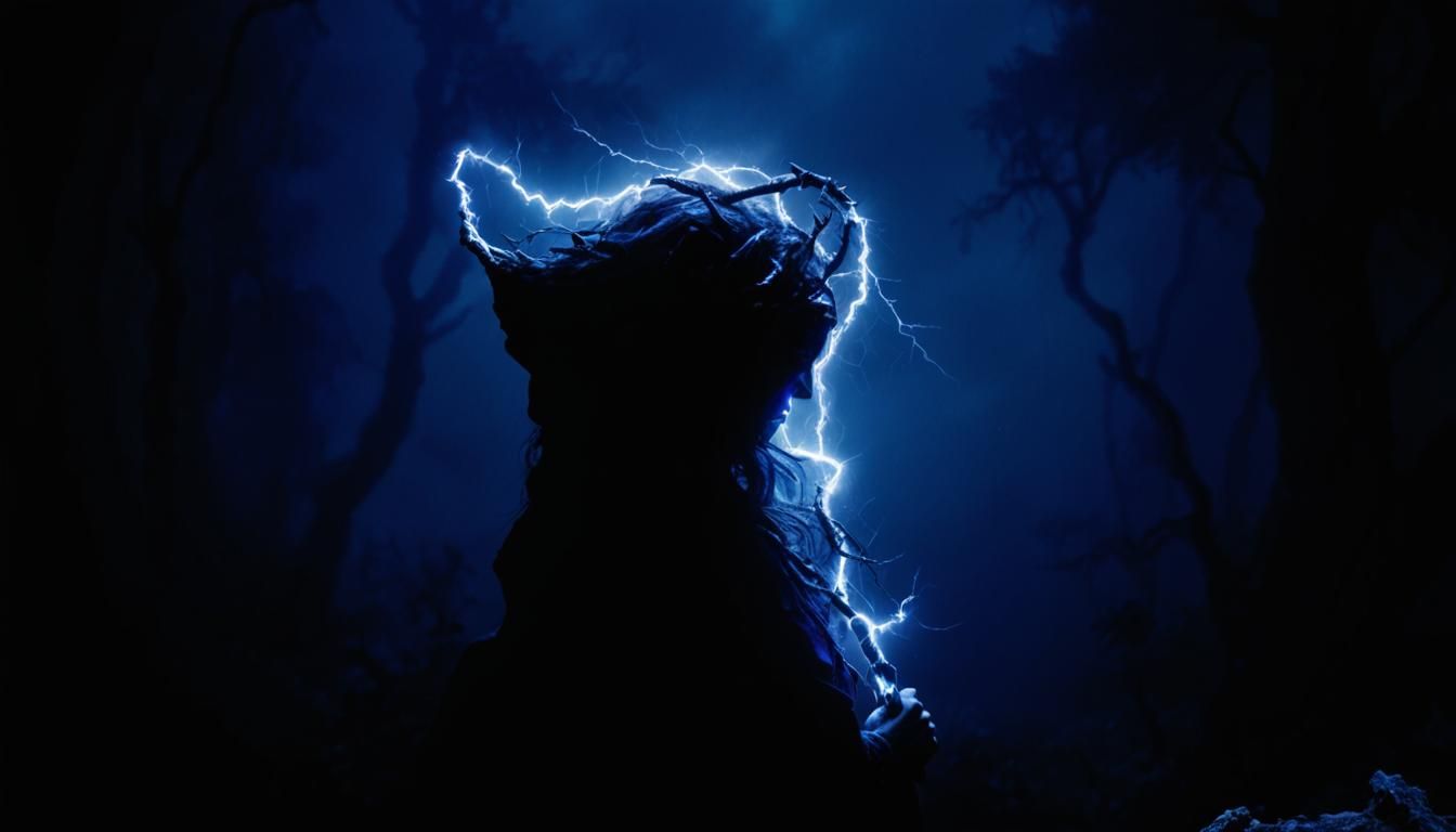 Sorceress Staff Hit by Lightning in Fantasy Art Style