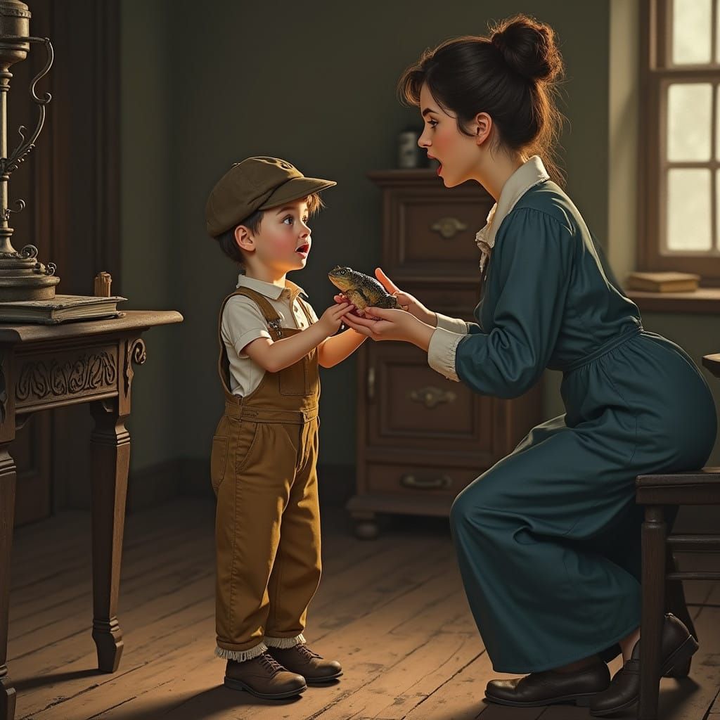 Young Student Presents Bullfrog to Teacher in Cozy Schoolhou...