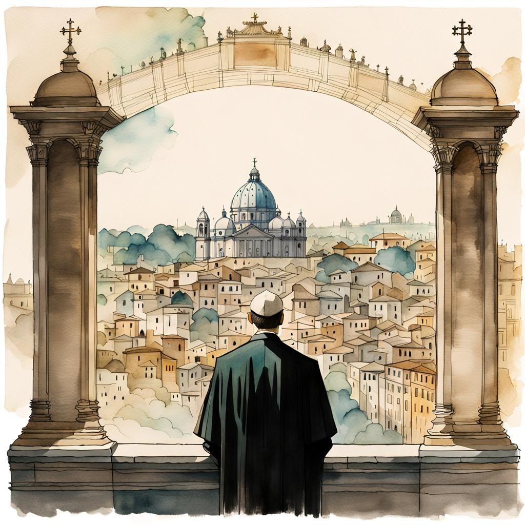 Priest in Tiara Double Exposure with Rome Panorama