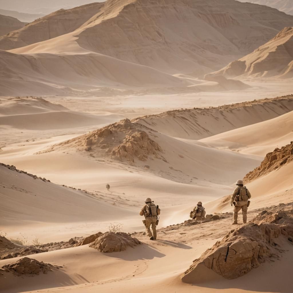 Military Team in Desert Landscape: Golden Hour Photography