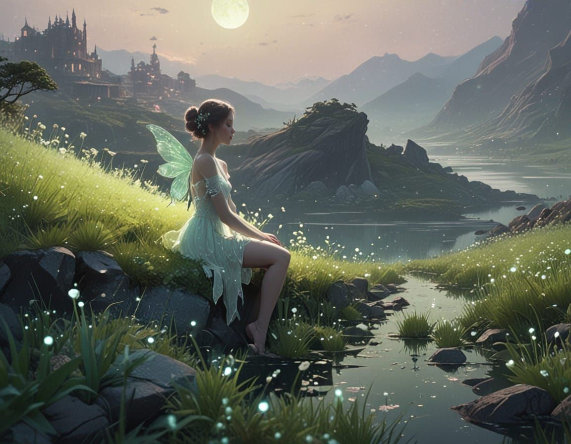 Luminescent Fairy Gazing at Moon, Illustration