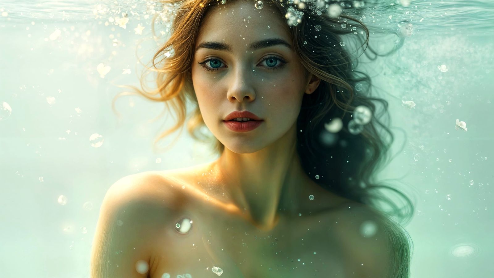 Serene Goddess Amidst Luminous Petals in an Underwater World