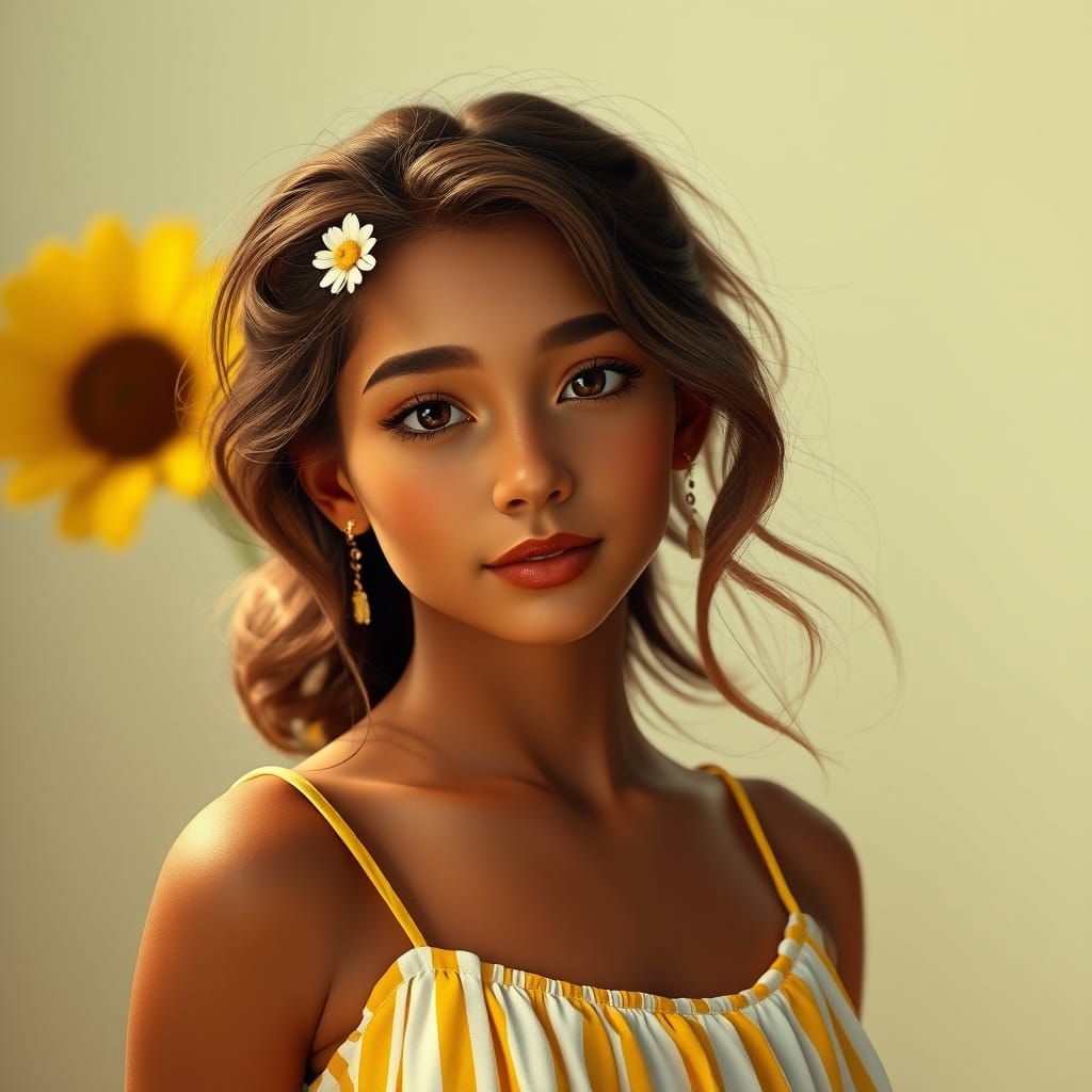 Elegant Summer Goddess in Stripes and Daisies