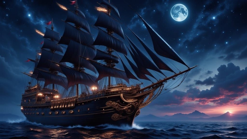 Steampunk Pirate Ship Sailing Through Starry Night