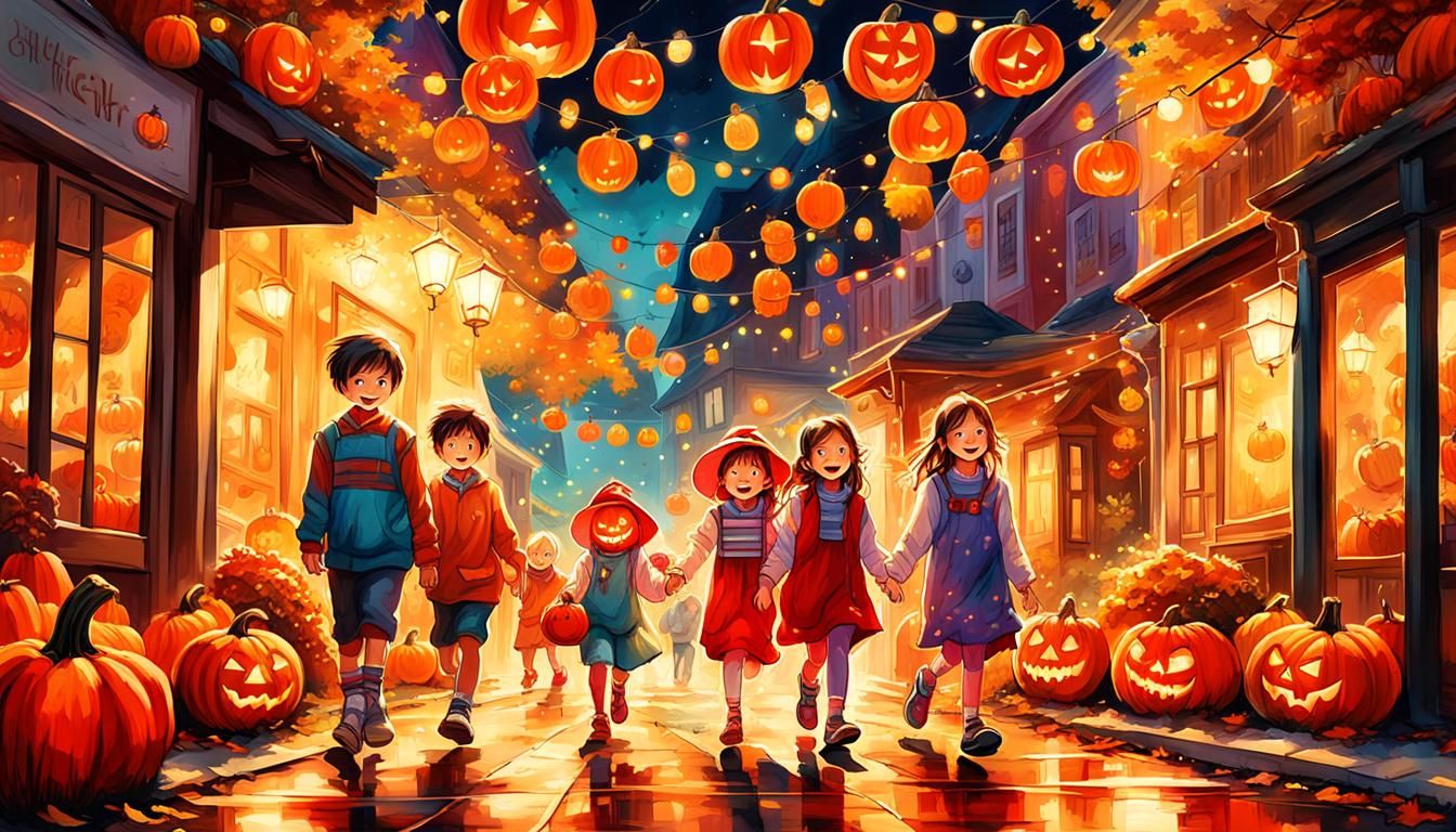 Joyful Trick-or-Treaters in Vibrant Halloween Splash Art